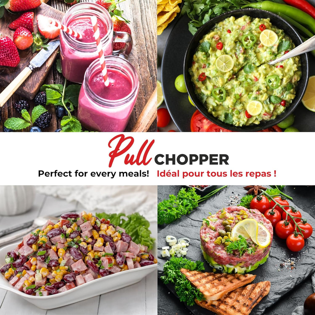 Pull Chopper – Multi-Purpose Manual Food Processor with 3-Blade System, Fast Chopping from Large Chunks to Purée, Self-Retracting Cord