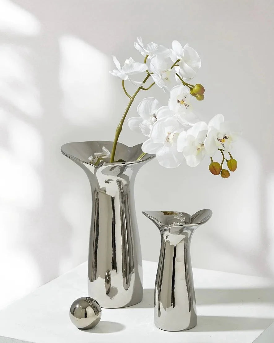 Modern Handmade Ceramic Vase in Silver Bloom Finish for Botanical Styling