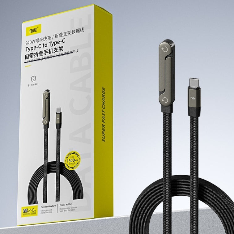 Fast Charging 2-in-1 Foldable Cable – Type-C & USB-A to Type-C with Phone Stand
