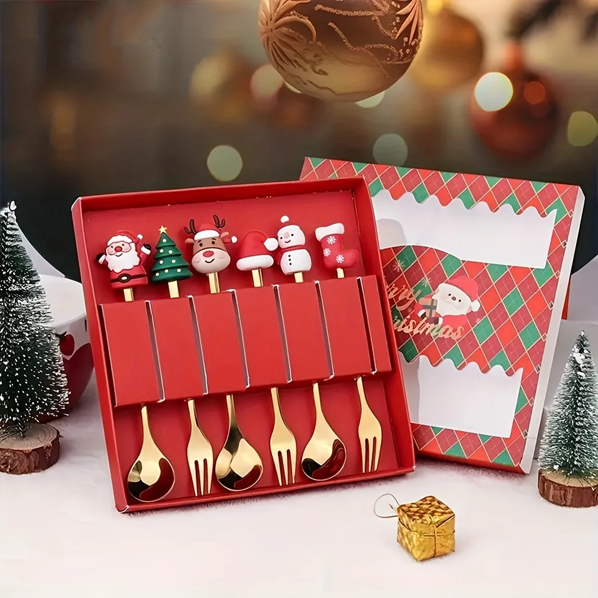 Festive Christmas Fork and Spoon Set in Stainless Steel for Coffee & Desserts