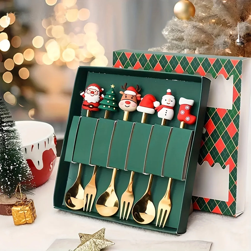 Festive Christmas Fork and Spoon Set in Stainless Steel for Coffee & Desserts