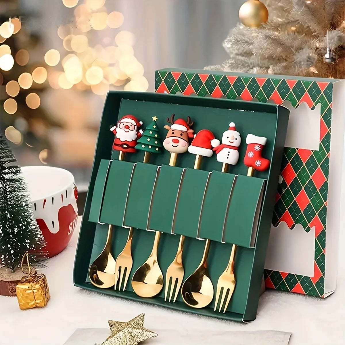 Festive Christmas Fork and Spoon Set in Stainless Steel for Coffee & Desserts