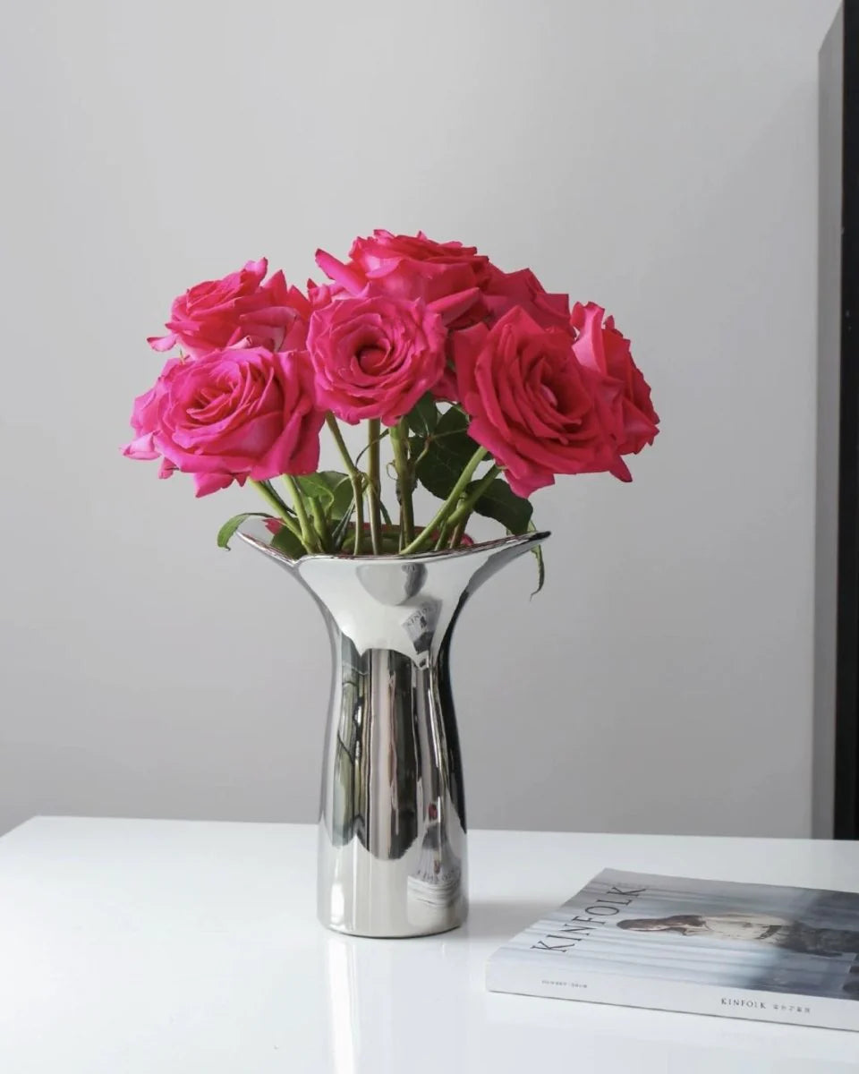 Modern Handmade Ceramic Vase in Silver Bloom Finish for Botanical Styling