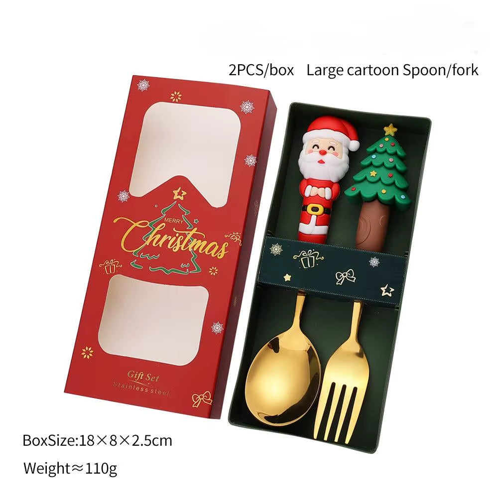 Festive Christmas Fork and Spoon Set in Stainless Steel for Coffee & Desserts