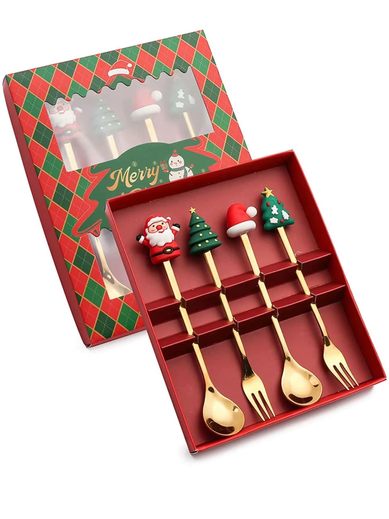 Festive Christmas Fork and Spoon Set in Stainless Steel for Coffee & Desserts