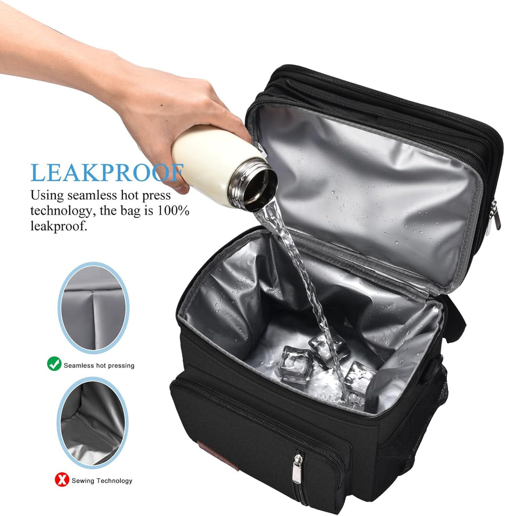 Large 15L Insulated Lunch Bag with Double Compartments – Leakproof Soft Cooler (Black)