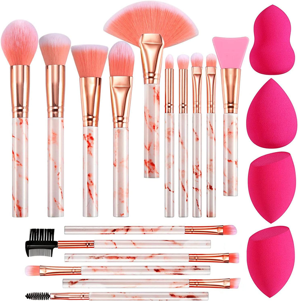 Makeup Brushes Set 16PCS Pink Marble Handle Make up Brushes with 4Pcs Sponge Blenders Foundation Brushes Eyeshadow Concealer Contour Blush Brush Silicone Face Mask Brush Make up Tool