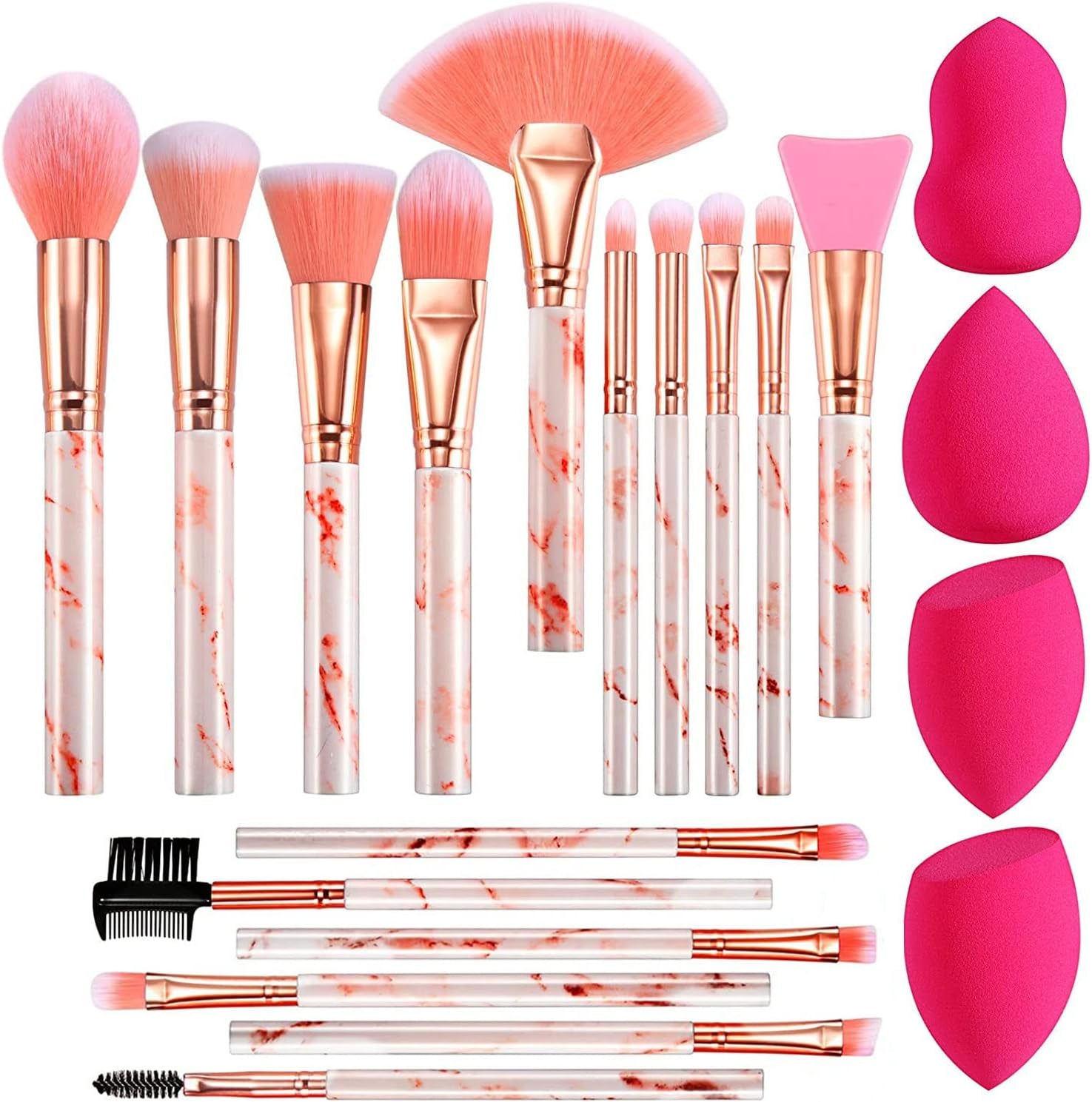 Makeup Brushes Set 16PCS Pink Marble Handle Make up Brushes with 4Pcs Sponge Blenders Foundation Brushes Eyeshadow Concealer Contour Blush Brush Silicone Face Mask Brush Make up Tool