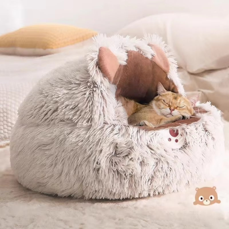 Winter Plush Round Pet Bed – Warm & Cozy Cat Nest