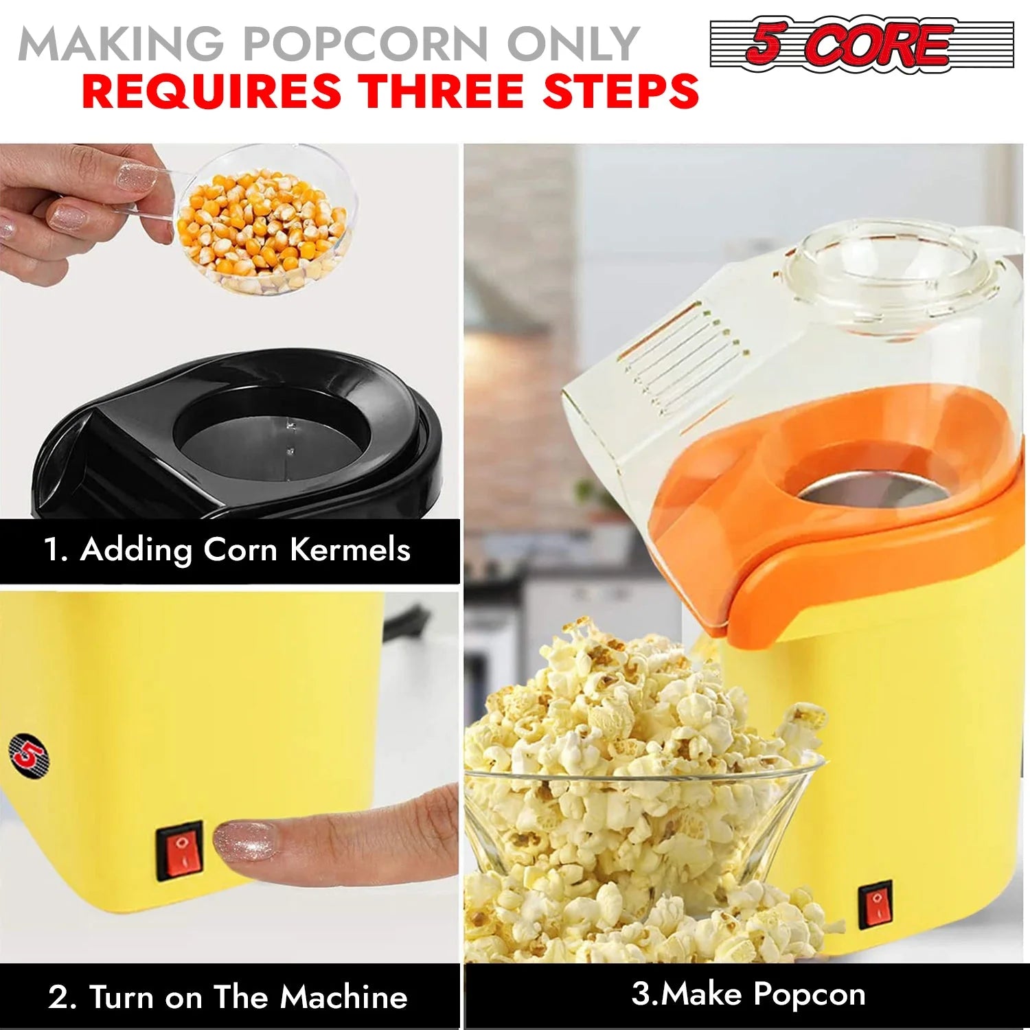 Portable Mini Hot Air Popcorn Maker, 16 Cups – Yellow Finish