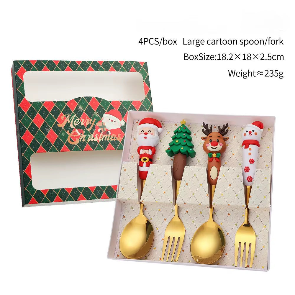 Festive Christmas Fork and Spoon Set in Stainless Steel for Coffee & Desserts