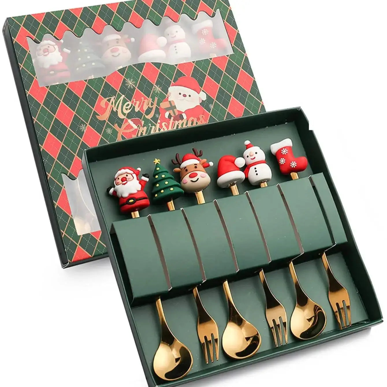 Festive Christmas Fork and Spoon Set in Stainless Steel for Coffee & Desserts
