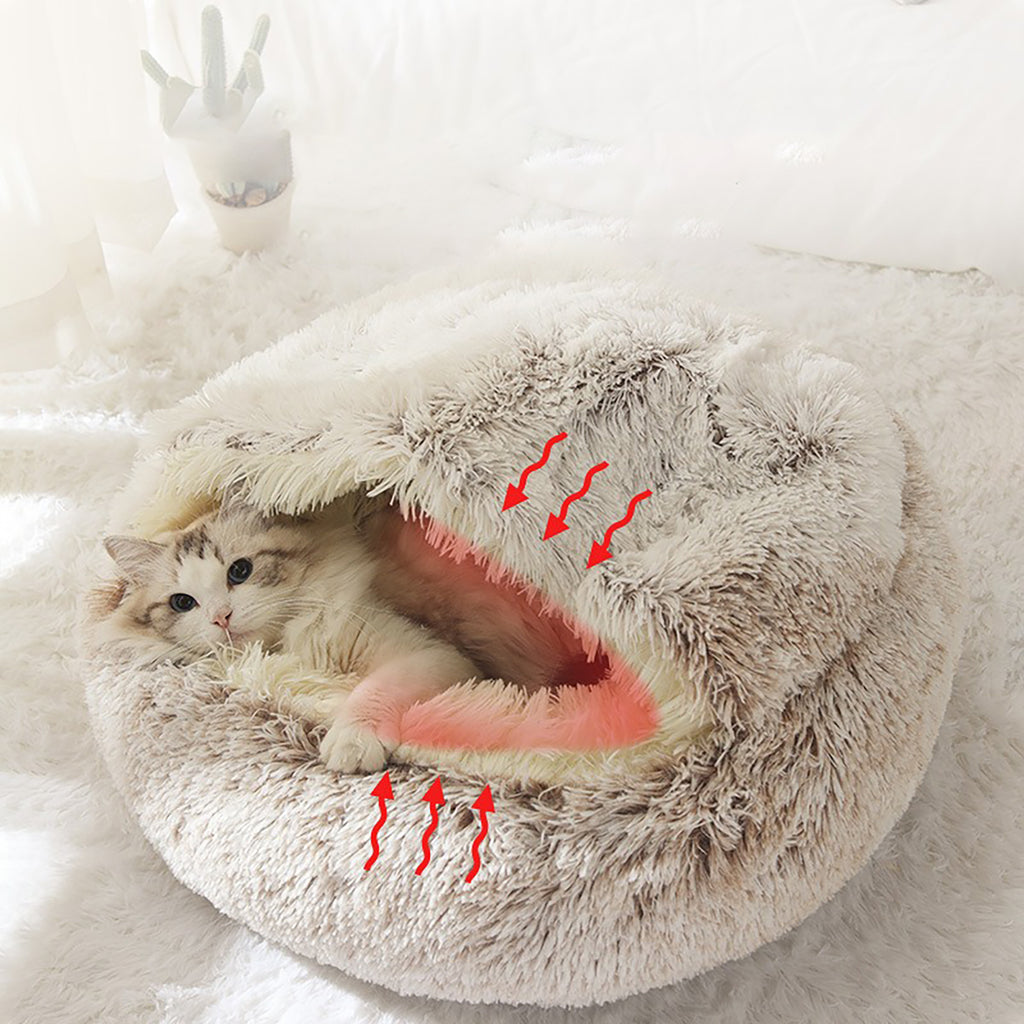 Luxury Plush Round Cat Bed – Cozy Hooded Donut Nest