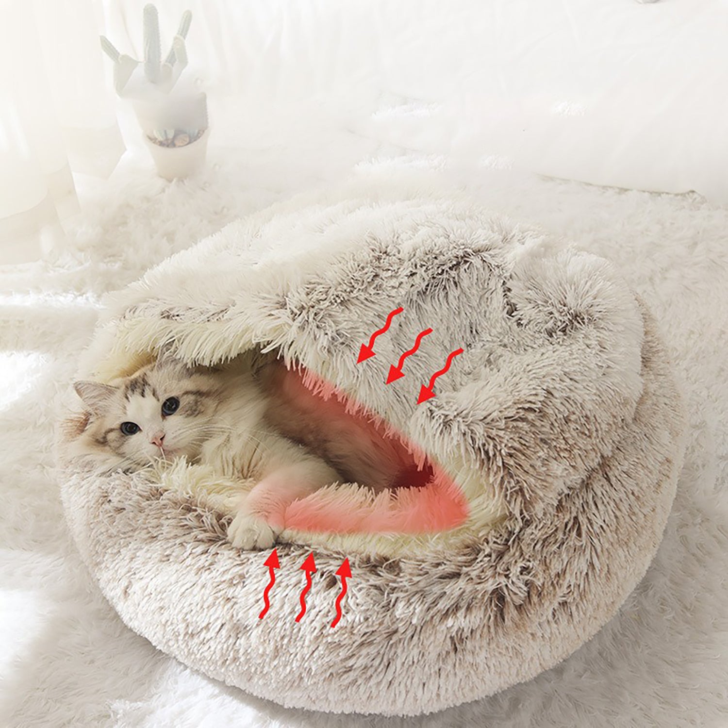 Luxury Plush Round Cat Bed – Cozy Hooded Donut Nest