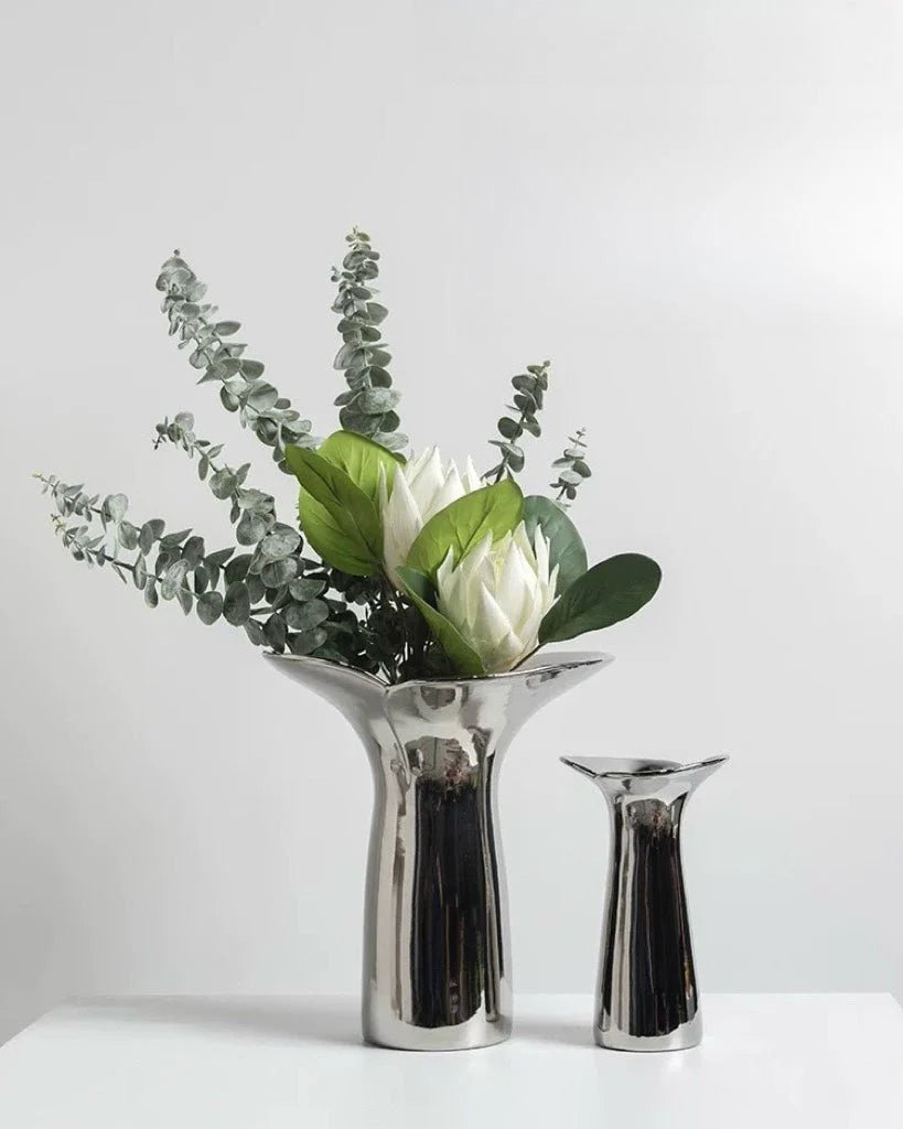 Modern Handmade Ceramic Vase in Silver Bloom Finish for Botanical Styling