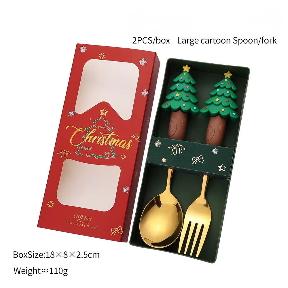 Festive Christmas Fork and Spoon Set in Stainless Steel for Coffee & Desserts