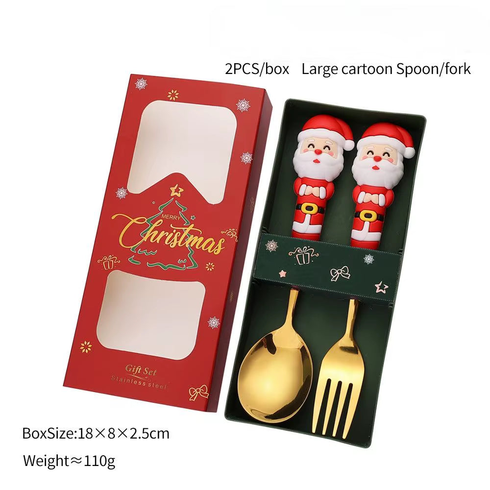 Festive Christmas Fork and Spoon Set in Stainless Steel for Coffee & Desserts