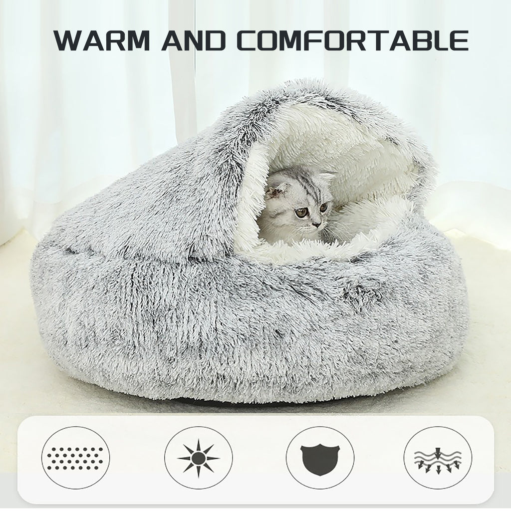 Luxury Plush Round Cat Bed – Cozy Hooded Donut Nest